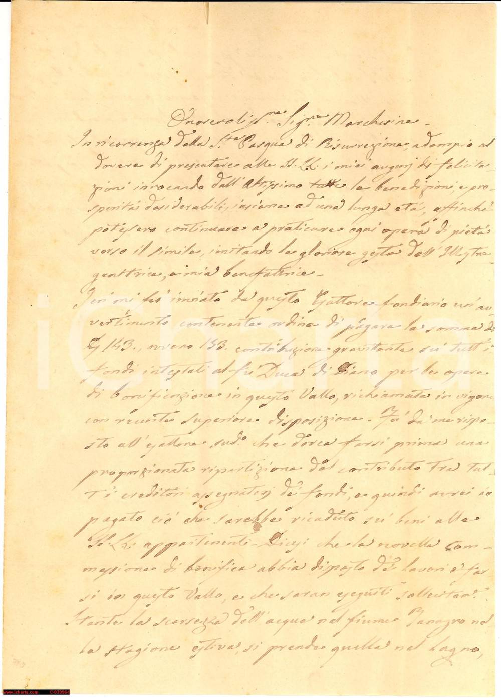 Manoscritto, lettera originale 1855 VALLO DI DIANO SA Bonfiche OSORIO Y FIGUEROA Lettera 1