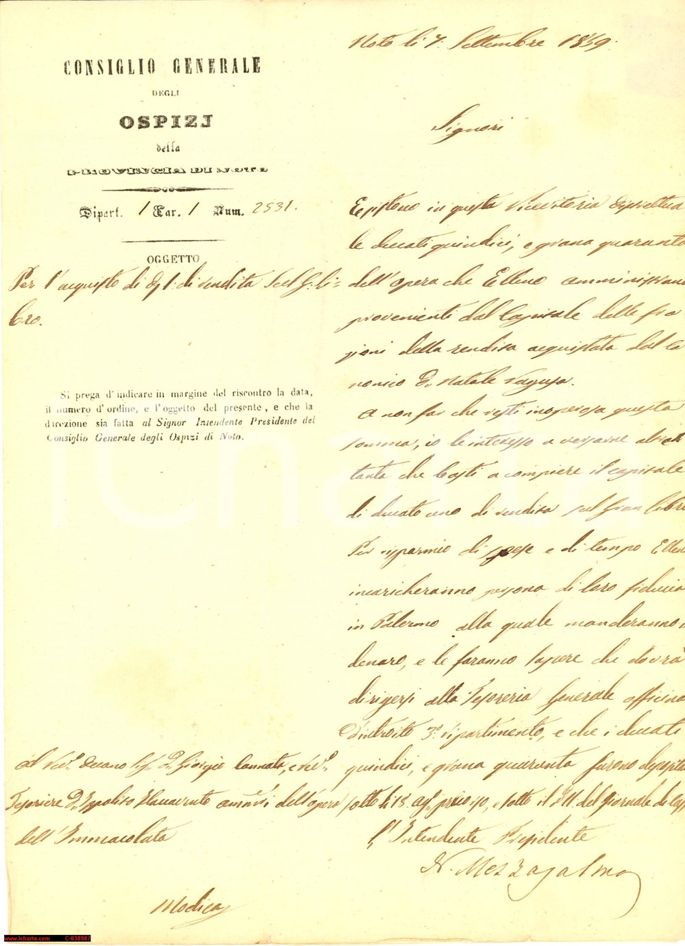 Manoscritto, lettera originale 1859 MODICA (RG) Rendite dell'Opera dell'Immacolata 1