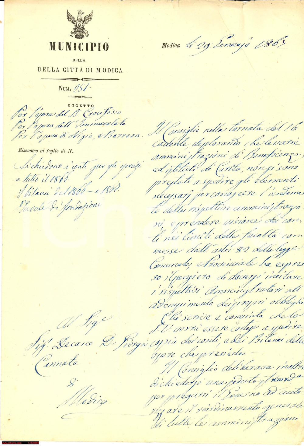 Documento originale, autentico 1867 MODICA RG Istituti di caritÃ  non presentano conti 1