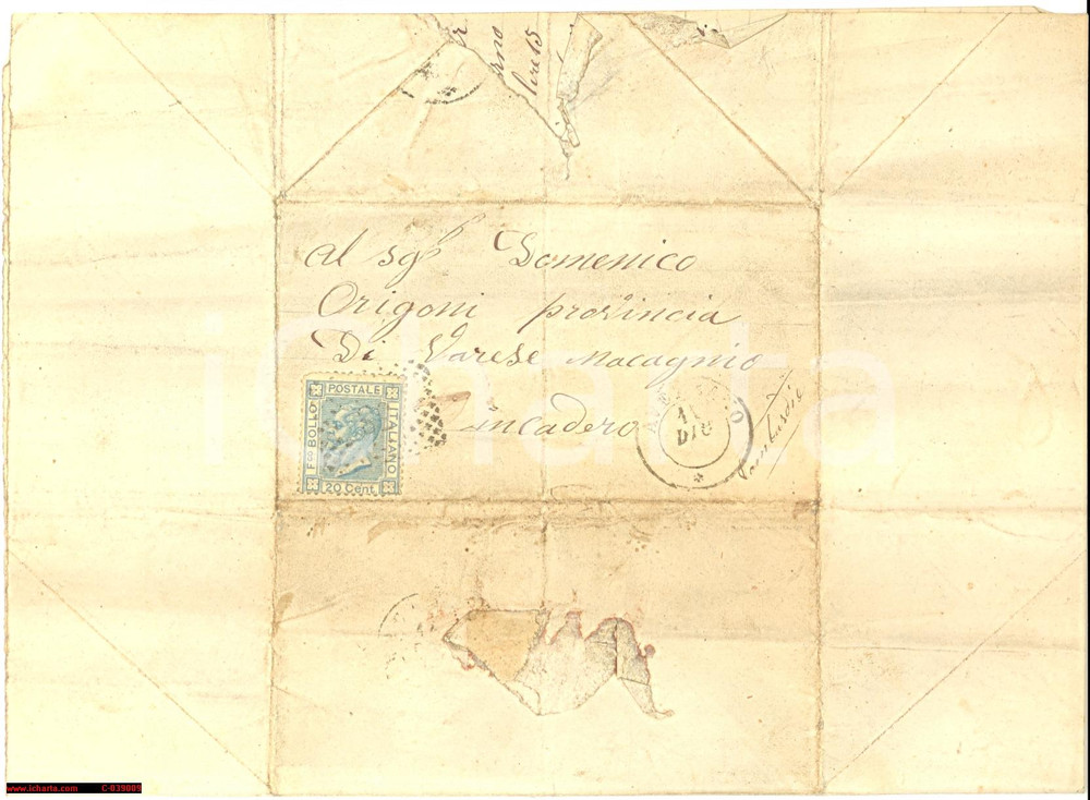 Manoscritto, lettera originale 1869 MACCAGNO VA In aiuto a Francesco Orrigoni 1