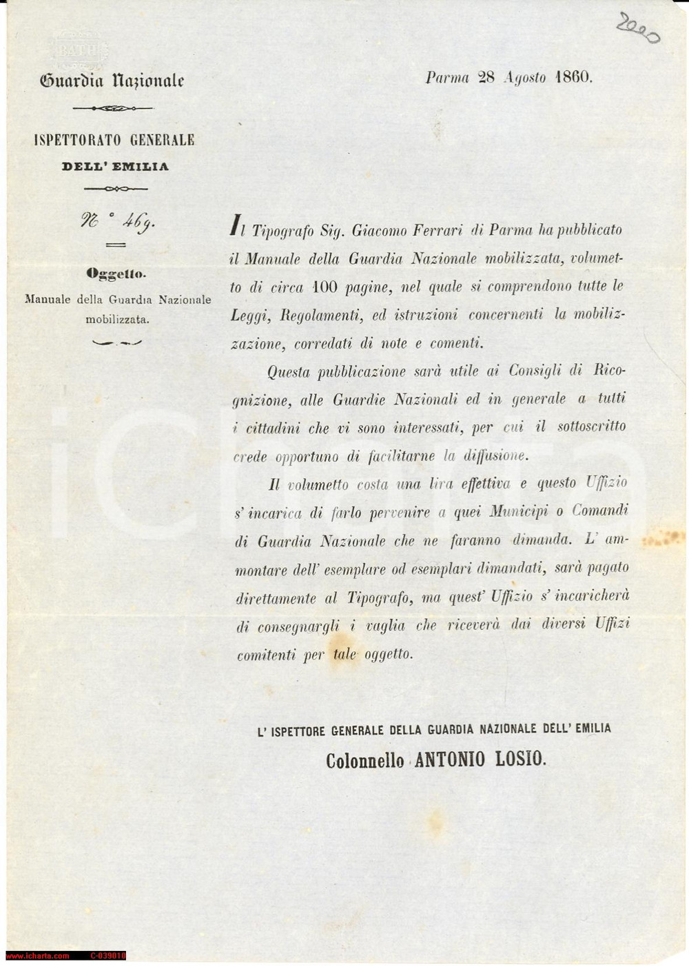 Documento originale, autentico 1860 Parma, Guardia Nazionale mobilizzata Col. Losio VG 1