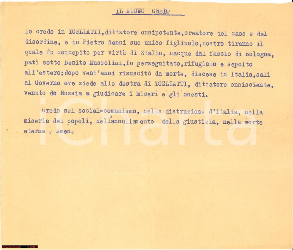 Oggetto da collezione cartaceo 1948 TOGLIATTI Il nuovo credo, propaganda anticomunista 1