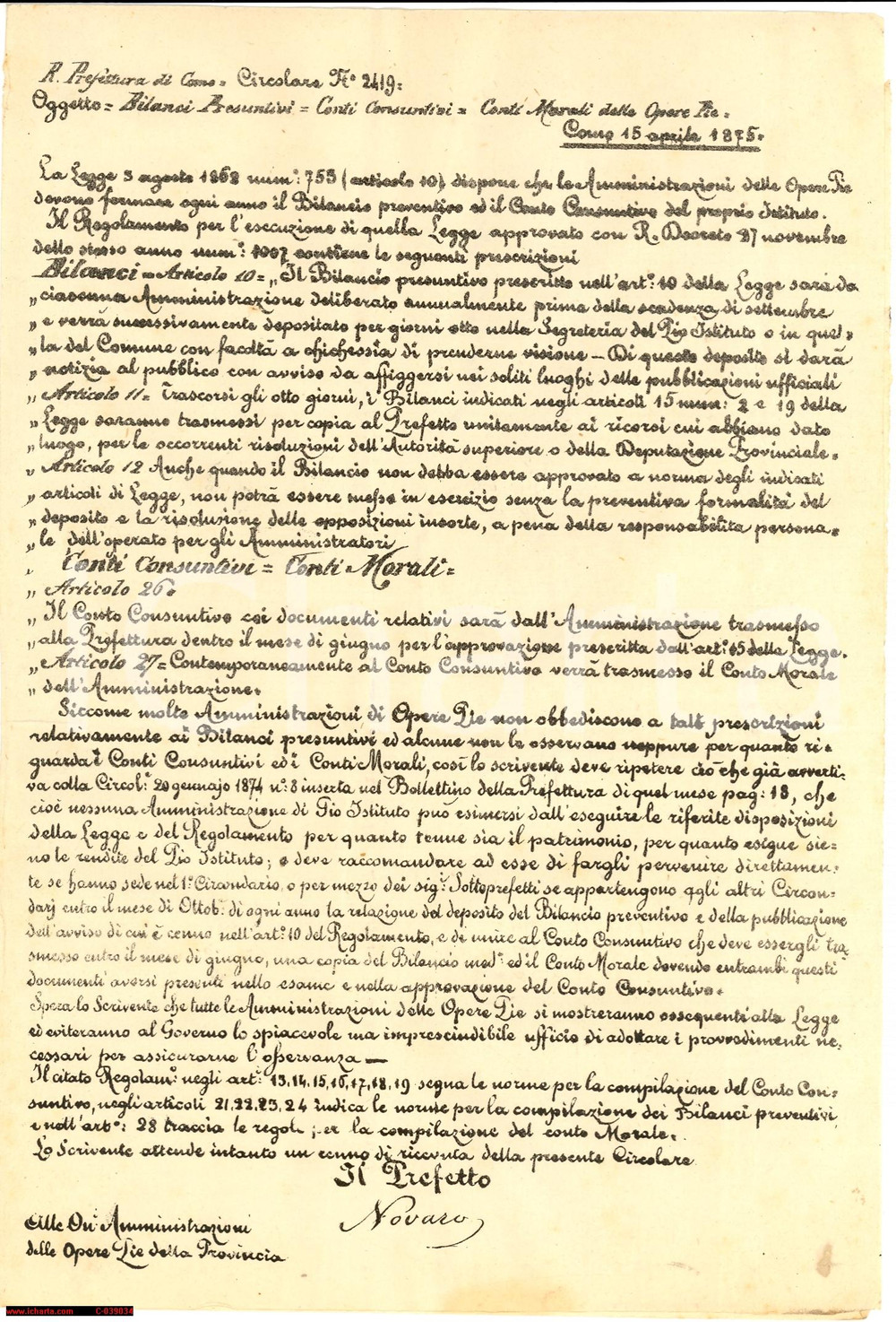Documento originale, autentico 1875 CUASSO AL MONTE (VA) Conti morali delle OPERE PIE 1