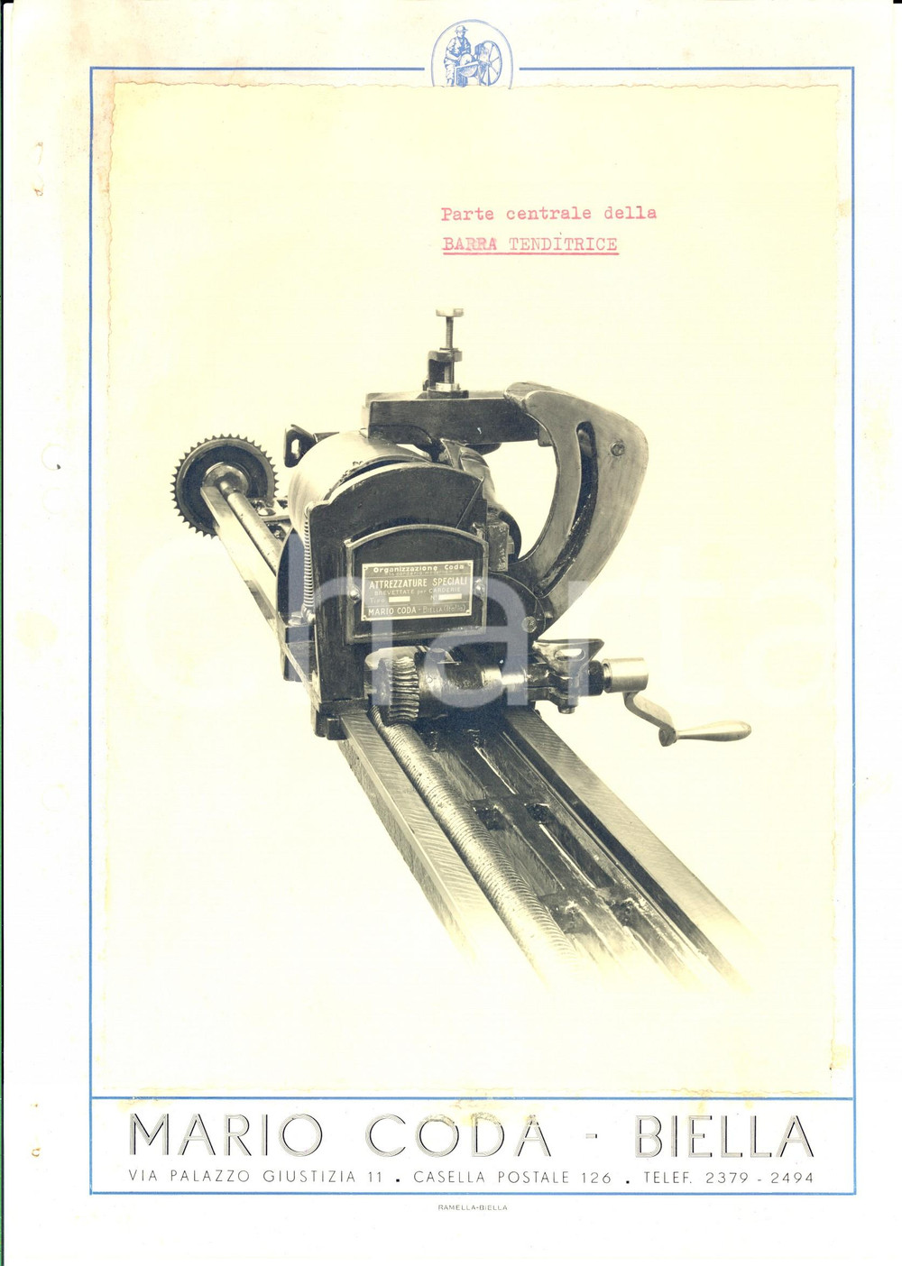 Materiale pubblicitario d’epoca 1950 ca BIELLA Ditta Mario CODA Foto barra tenditrice su scheda PUBBLICITARIA 1