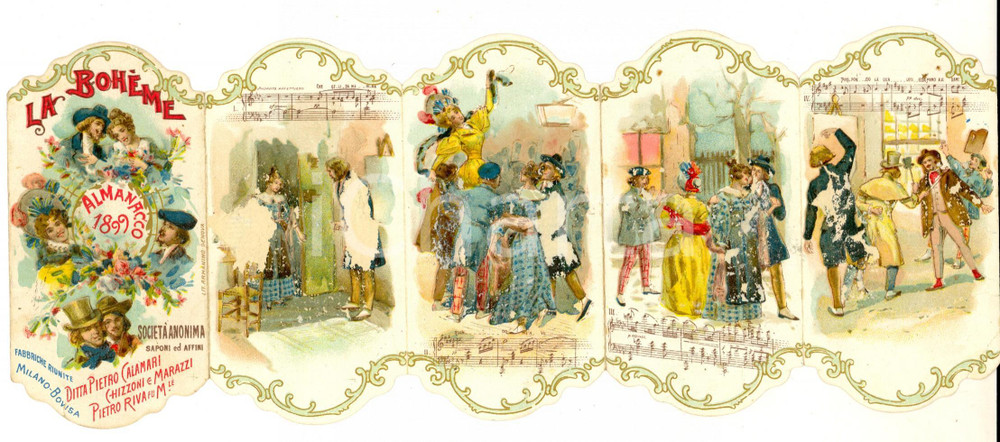 Materiale pubblicitario d’epoca 1899 MILANO BOVISA Pietro CALAMARI Saponi  Almanacco LA BOHEME DANNEGGIATO 1