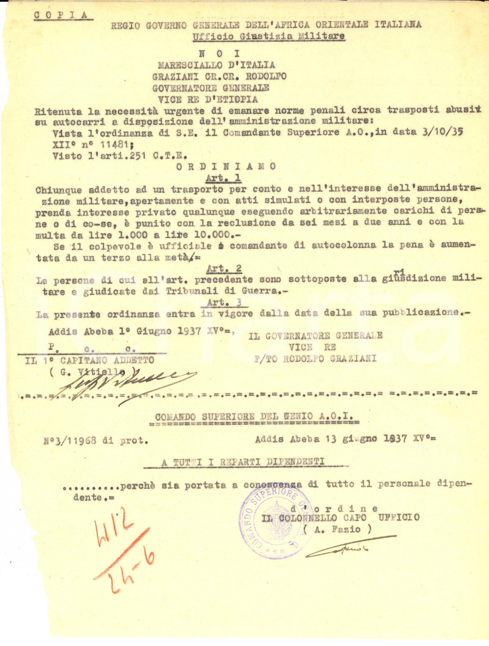 Documento originale, autentico 1937 AOI ADDIS ABEBA Punizioni per i trasporti abusivi su autocarri militari 1