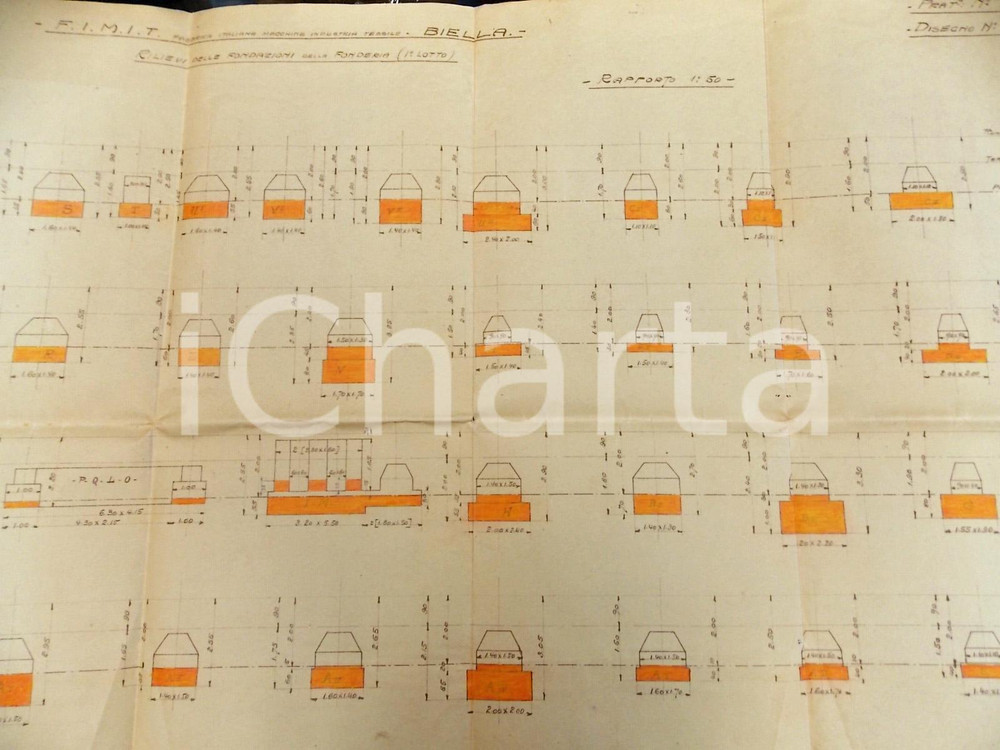 Stampa, bozzetto originale 1920 BIELLA Ditta FIMIT Rilievo delle fondazioni della fonderia 52 x 80 cm 1