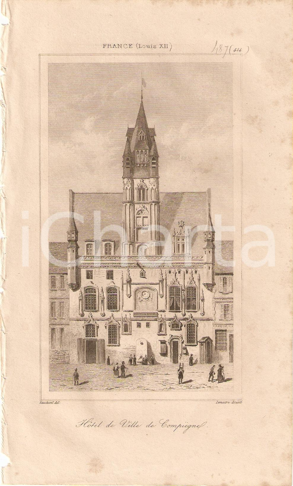 Stampa, bozzetto originale 1840 COMPIEGNE (F) Hotel de Ville - L'univers *Stampa inc. LEMAITRE 1