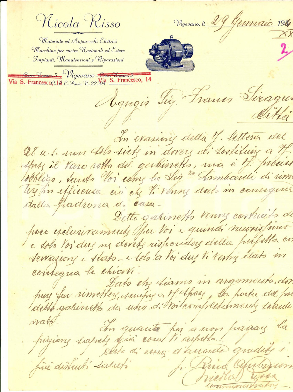 Manoscritto, lettera originale 1945 VIGEVANO PV Ditta Nicola RISSO sulla sostituzione di un gabinetto 1