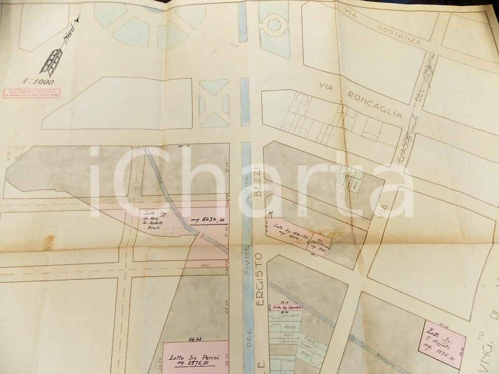 Stampa, bozzetto originale 1930 ca MILANO Progetto ing. Arturo GAMBINI lotti viale BEZZI *Planimetria 60x60 1