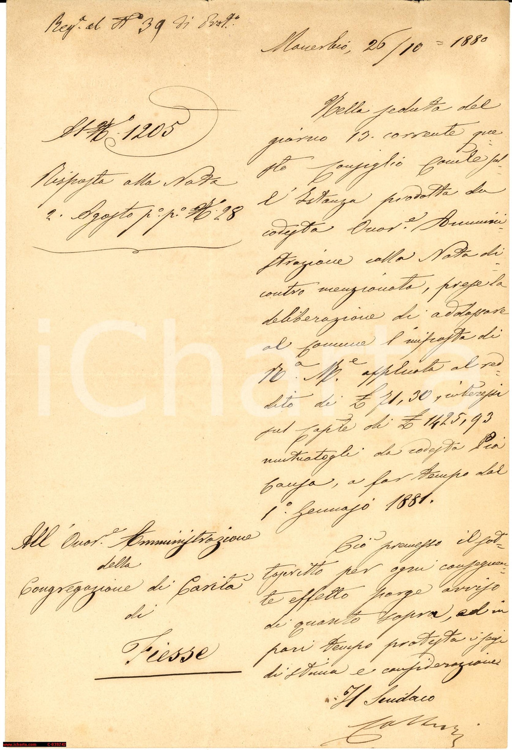 Documento originale, autentico 1880 FIESSE (BS) MANERBIO aiuta Congregazione CaritÃ  1