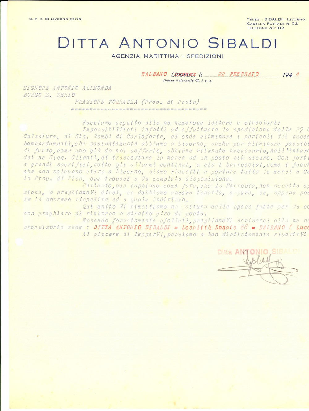 Manoscritto, lettera originale 1944 WW2 BALBIANO LUCCA Ditta Antonio SIBALDI salva la merce dai bombardamenti 1