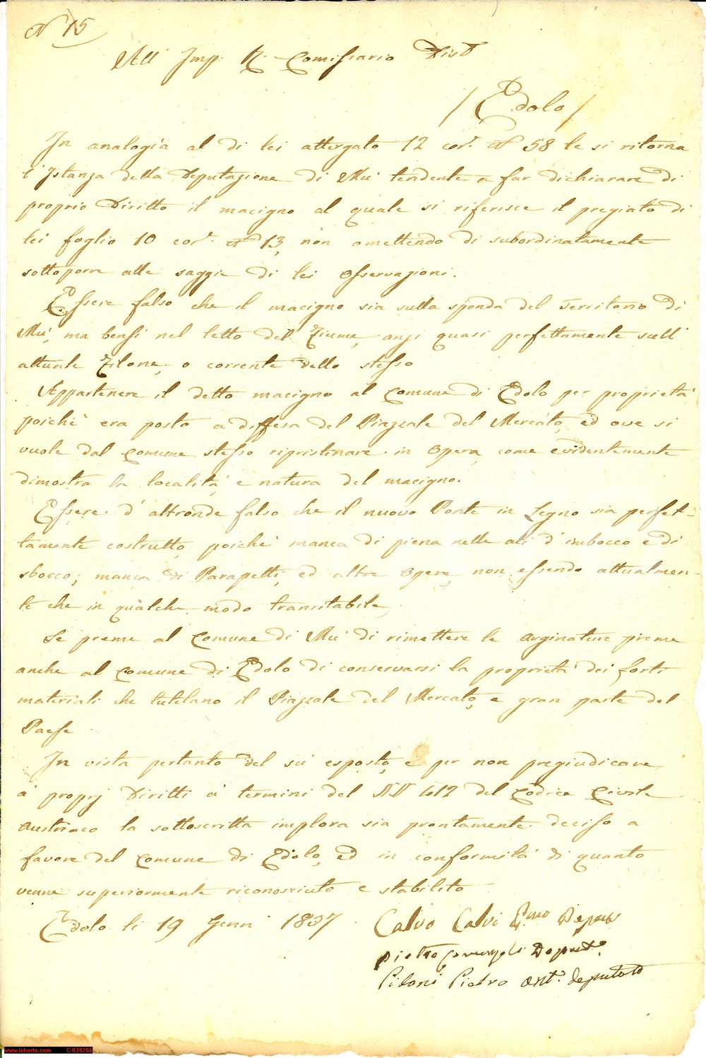 Documento originale, autentico 1837 EDOLO (BS) lite frazione MU' per macigno su OGLIO 1