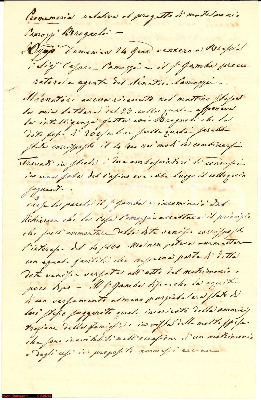 Documento originale, autentico 1880 ca BRESCIA Accordi di matrimonio Famiglia CAMOZZI e BROGNOLI *Documento 1
