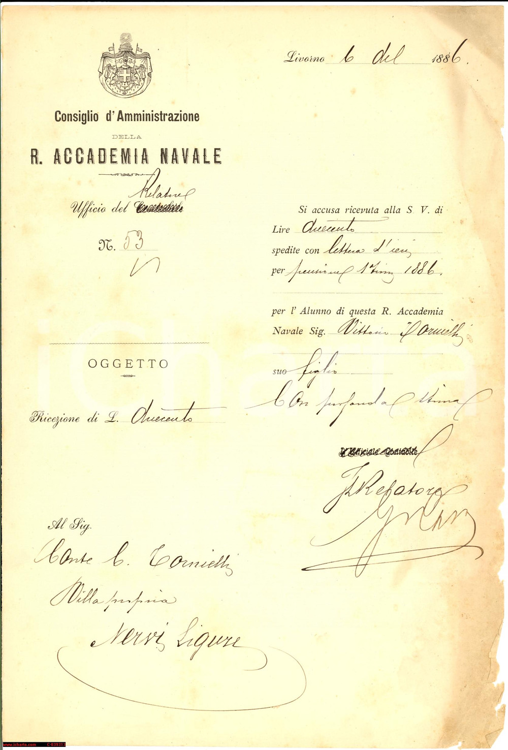 Documento originale, autentico 1886 LIVORNO Retta Vittorio TORNIELLI R. Accademia Navale *Documento 1