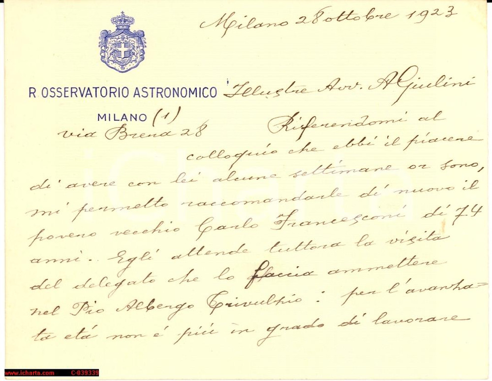 Autografo originale 1923 LUIGI GABBA Osservatorio Brera Milano -manoscritto 1