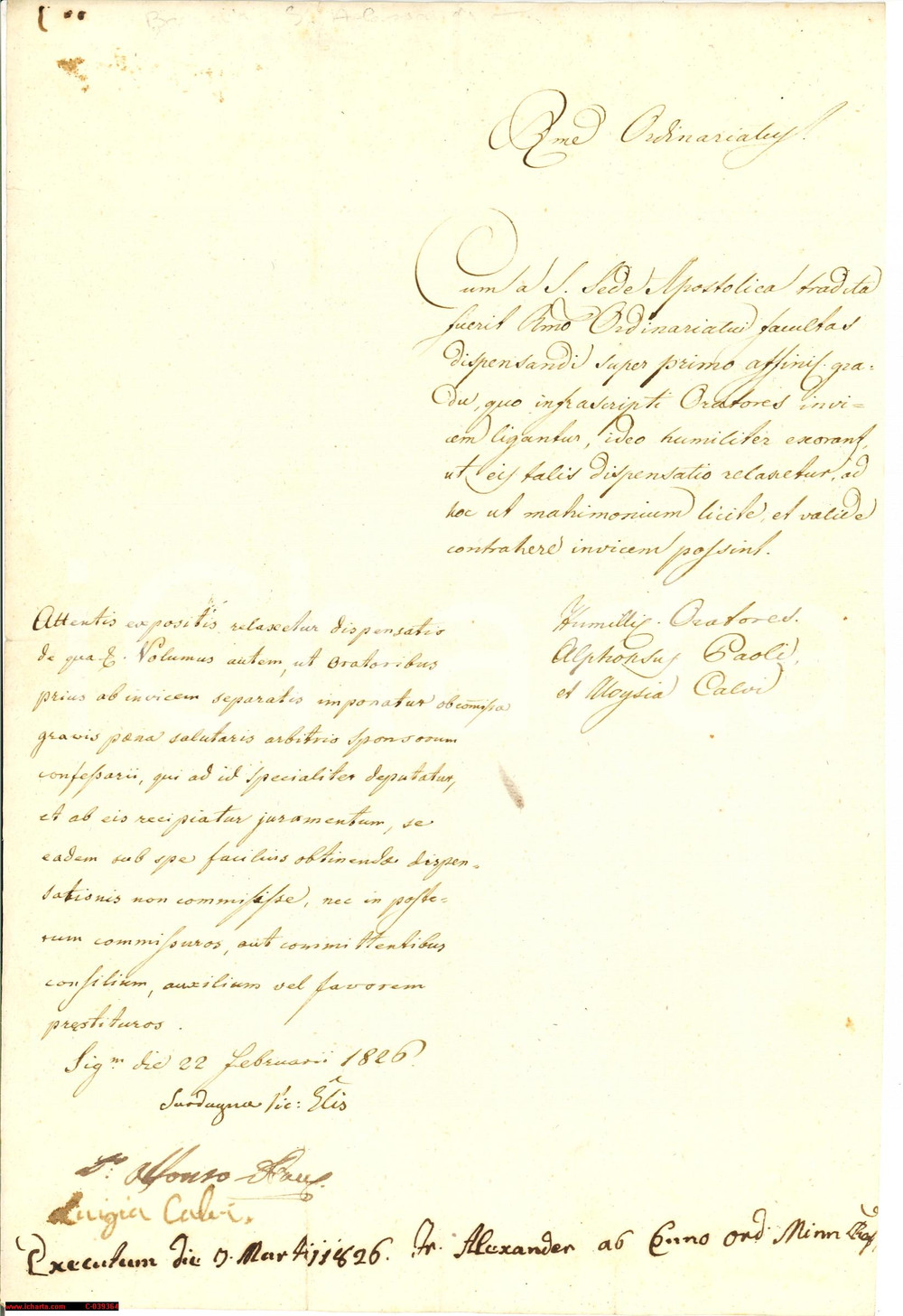 Documento originale, autentico 1826 BRESCIA dispensa matrimonio chiesa SANT'ALESSANDRO 1