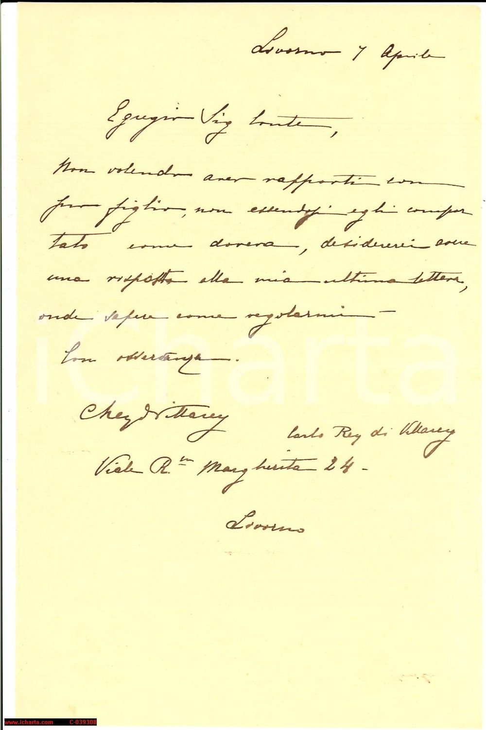 Documento originale, autentico 1896 LIVORNO Carlo REY DI VILLAREY esige vincita al  gioco d azzardo Lettera 1