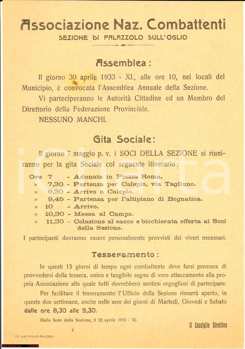 Documento originale, autentico 1933 ANC PALAZZOLO SULL'OGLIO Gita a CASTELLI CALEPIO 1