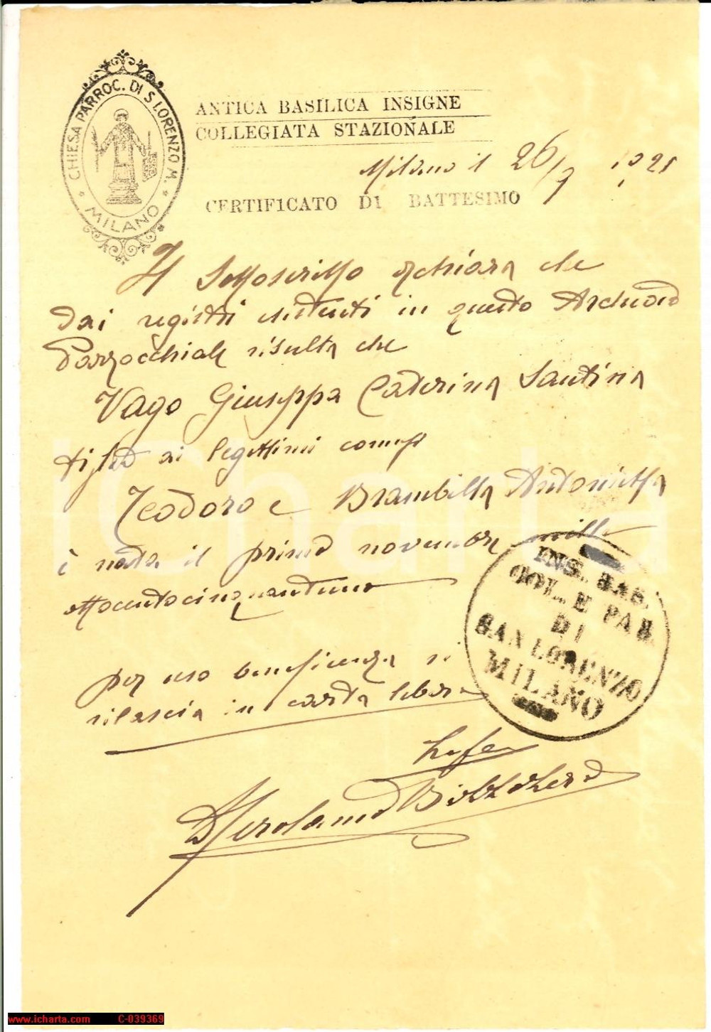 Documento originale, autentico 1925 MILANO BASILICA S. LORENZO Battesimo Giuseppa VAGO 1