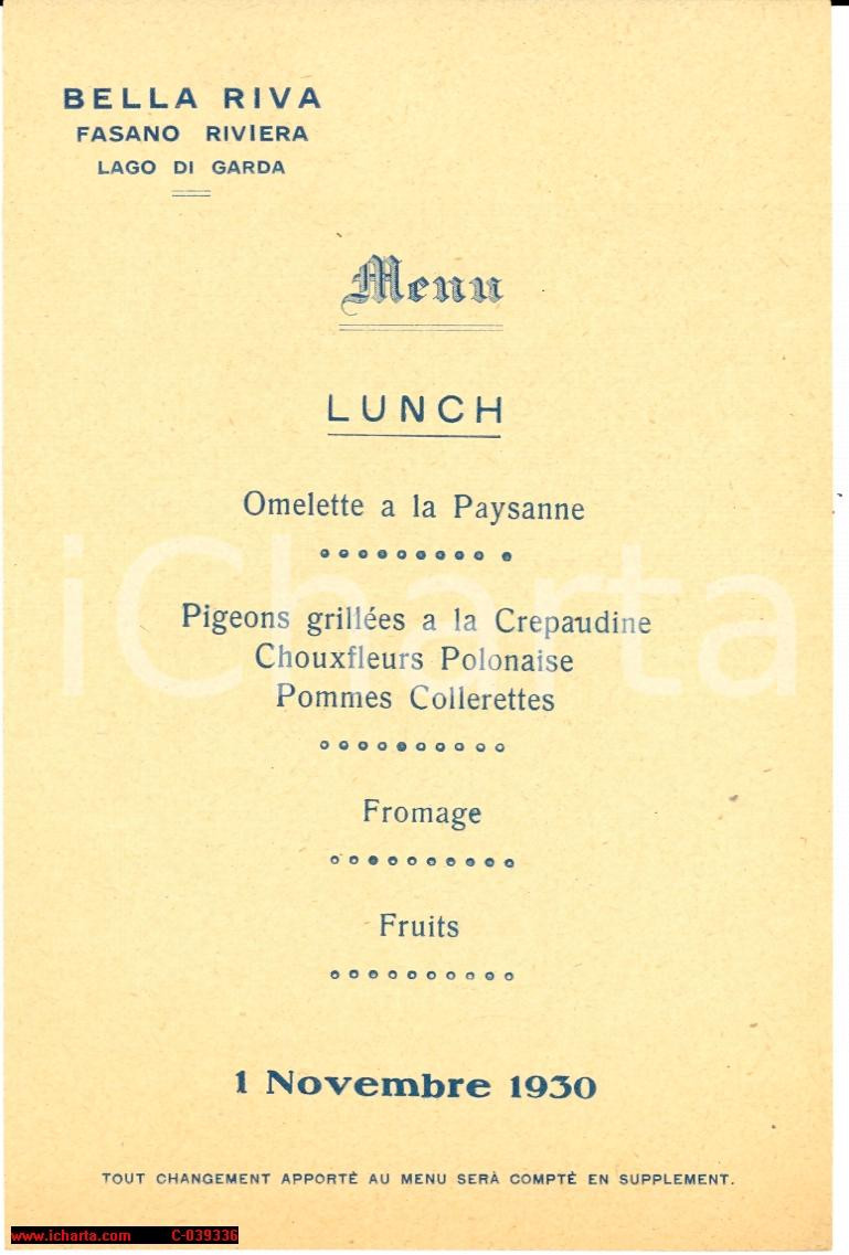 Oggetto da collezione cartaceo 1930 FASANO BS Ristorante BELLARIVA Menù lunch 1