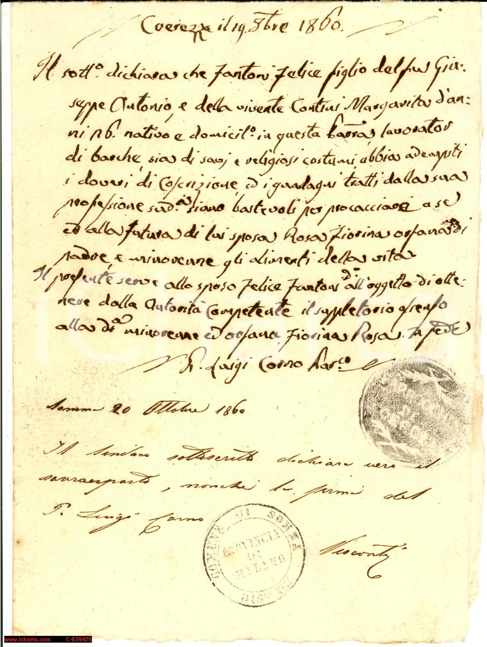 Documento originale, autentico 1860 COAREZZA / SOMMA LOMBARDO matrimonio minorenne 1