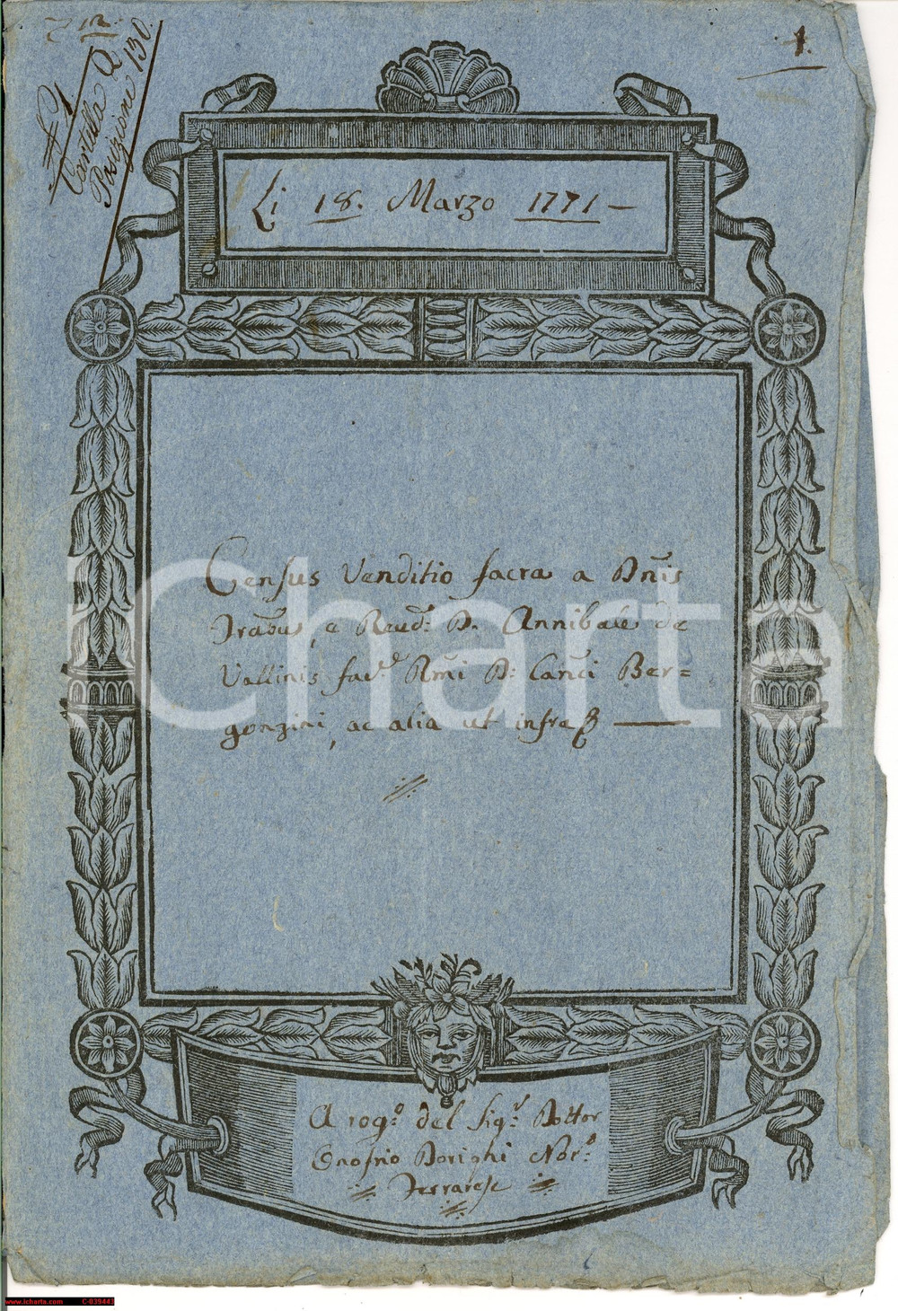 Documento originale, autentico 1771 FERRARA F.lli VALLINI vendita a Tommaso BERGONZINI 1