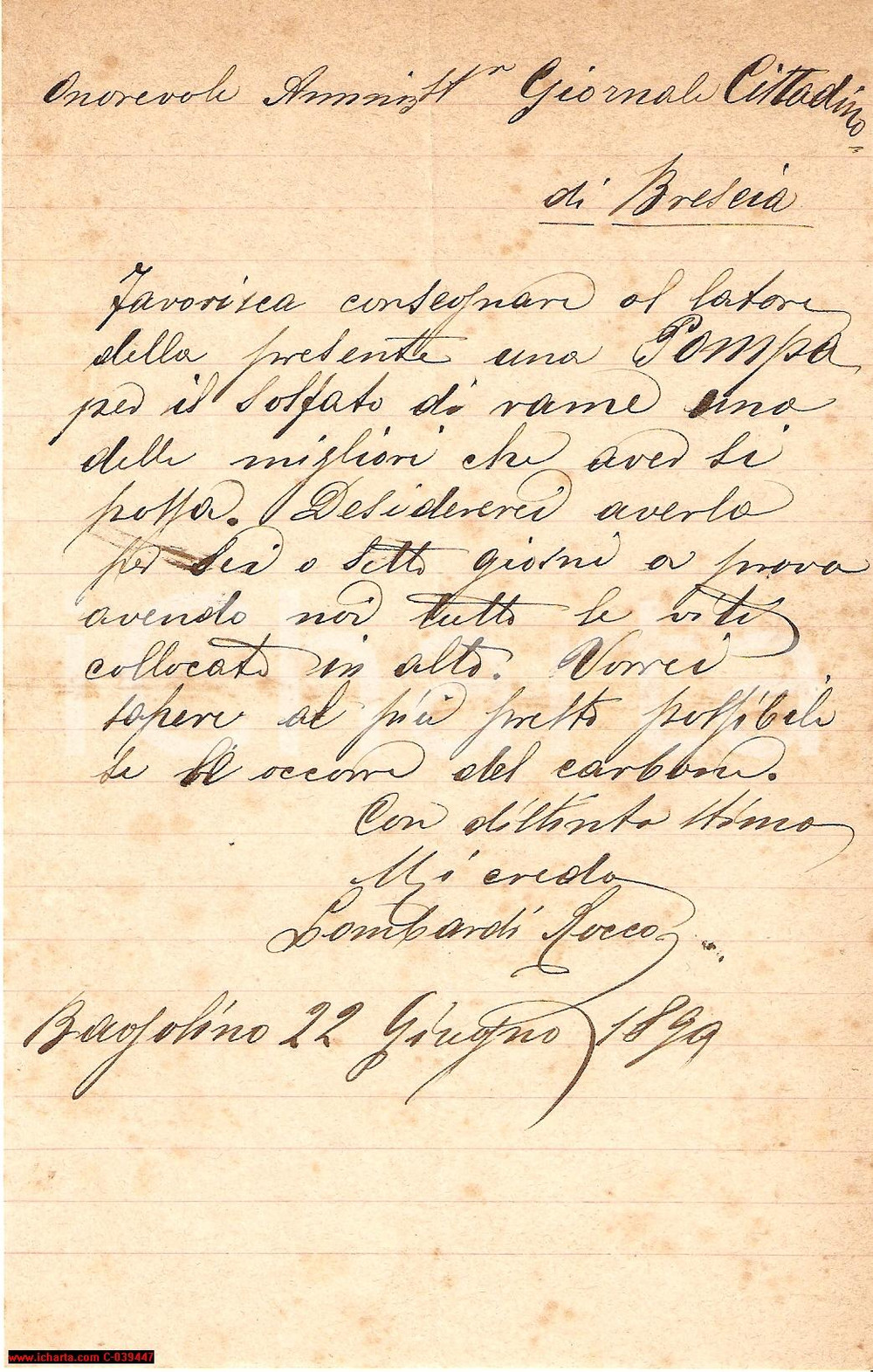 Documento originale, autentico 1890 BAGOLINO BS acquisto di pompa per verderame 1