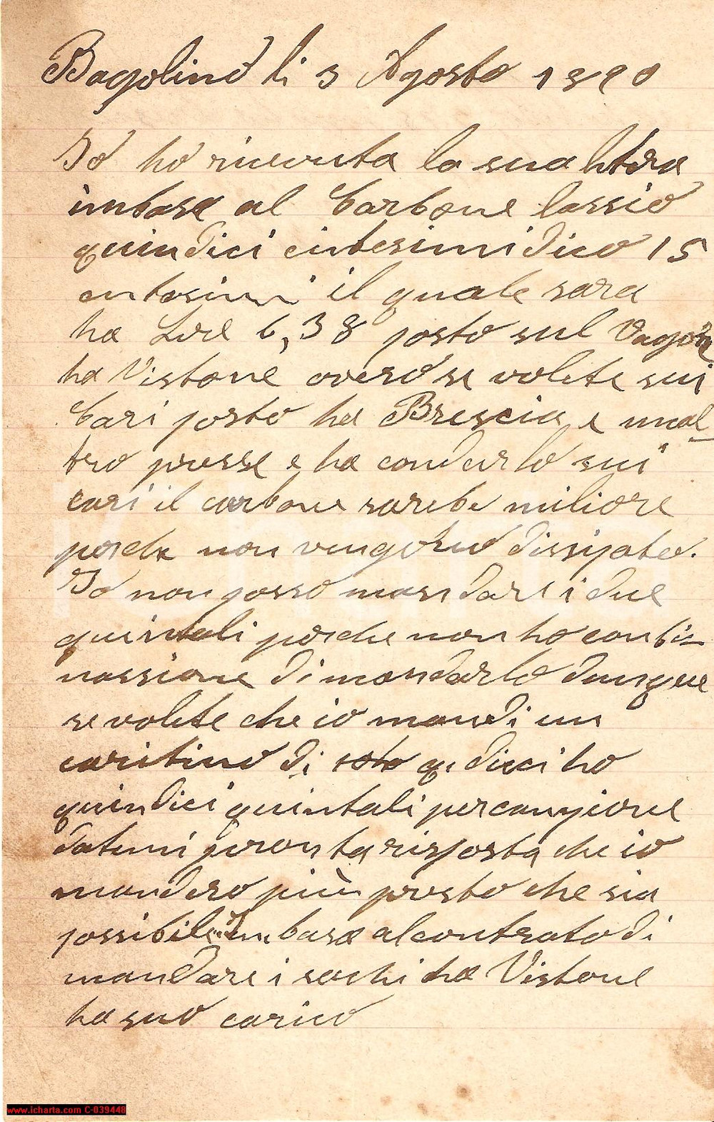 Documento originale, autentico 1890 BAGOLINO BS Lettera circa un carico di carbone 1