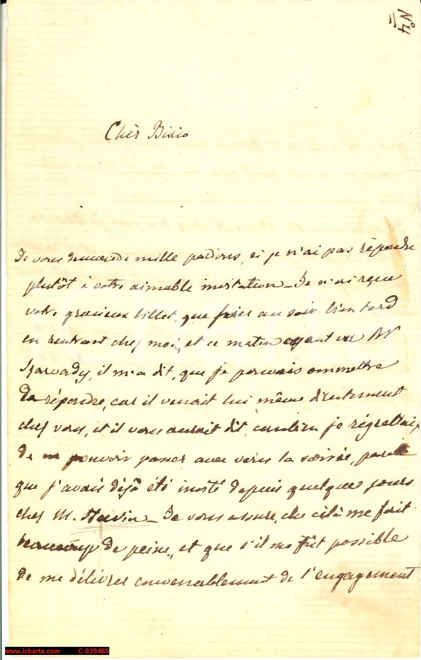 Autografo originale 1864 PARIS Urbano RATTAZZI declina un invito  Lettera AUTOGRAFA 1
