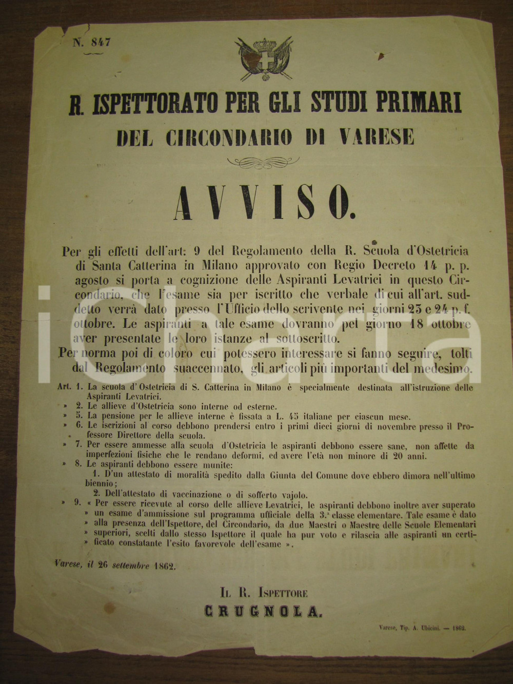 Documento originale, autentico 1862 VARESE esami aspiranti levatrici scuola S.Caterina 1