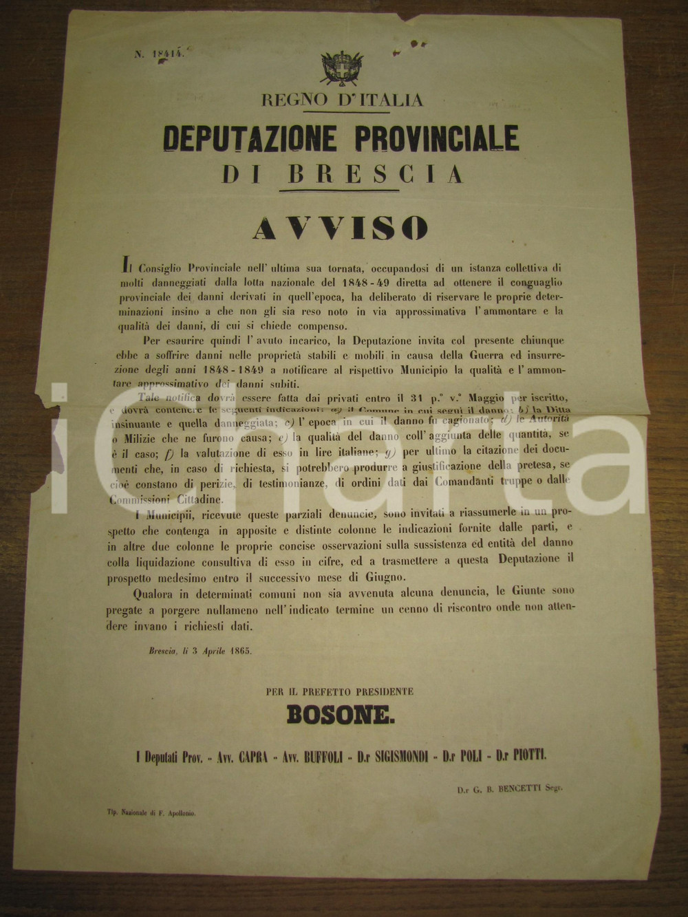 Documento originale, autentico 1865 BRESCIA danni Prima Guerra d'Indipendenza RARO 1