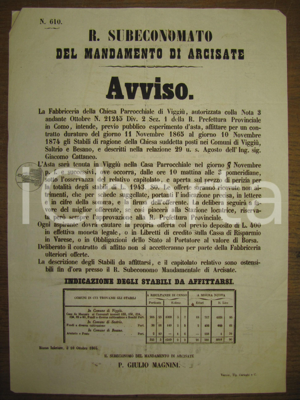 Documento originale, autentico 1865 VIGGIU' (VA) affitto beni chiesa parrocchiale 1