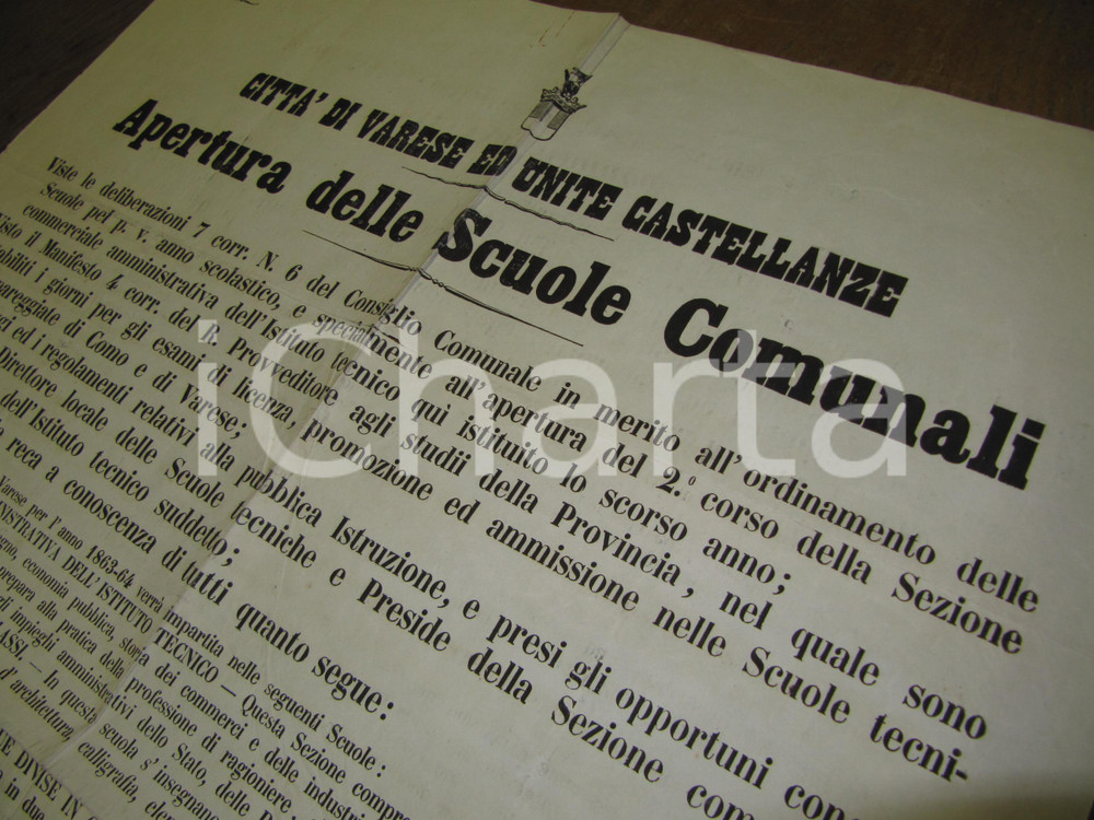 Documento originale, autentico 1863 VARESE apertura scuole pubbliche e gratuite 1