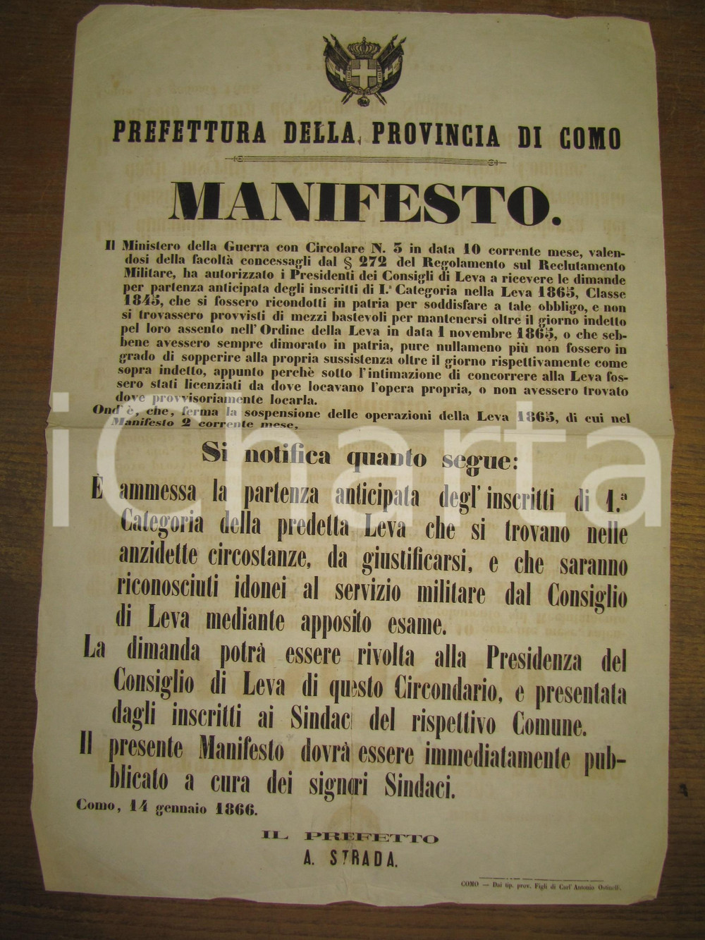 Documento originale, autentico 1866 COMO partenza anticipata LEVA 1865 * MANIFESTO 1
