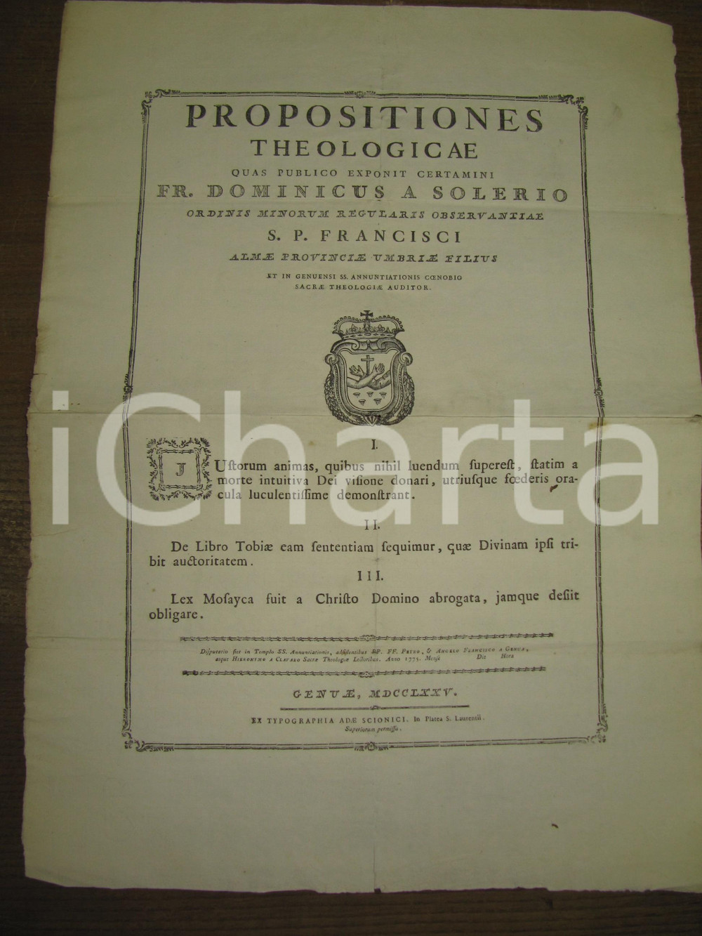 Documento originale, autentico 1775 GENOVA Discussione pubblica tesi Francescano Domenico SOLERI Manifesto 1