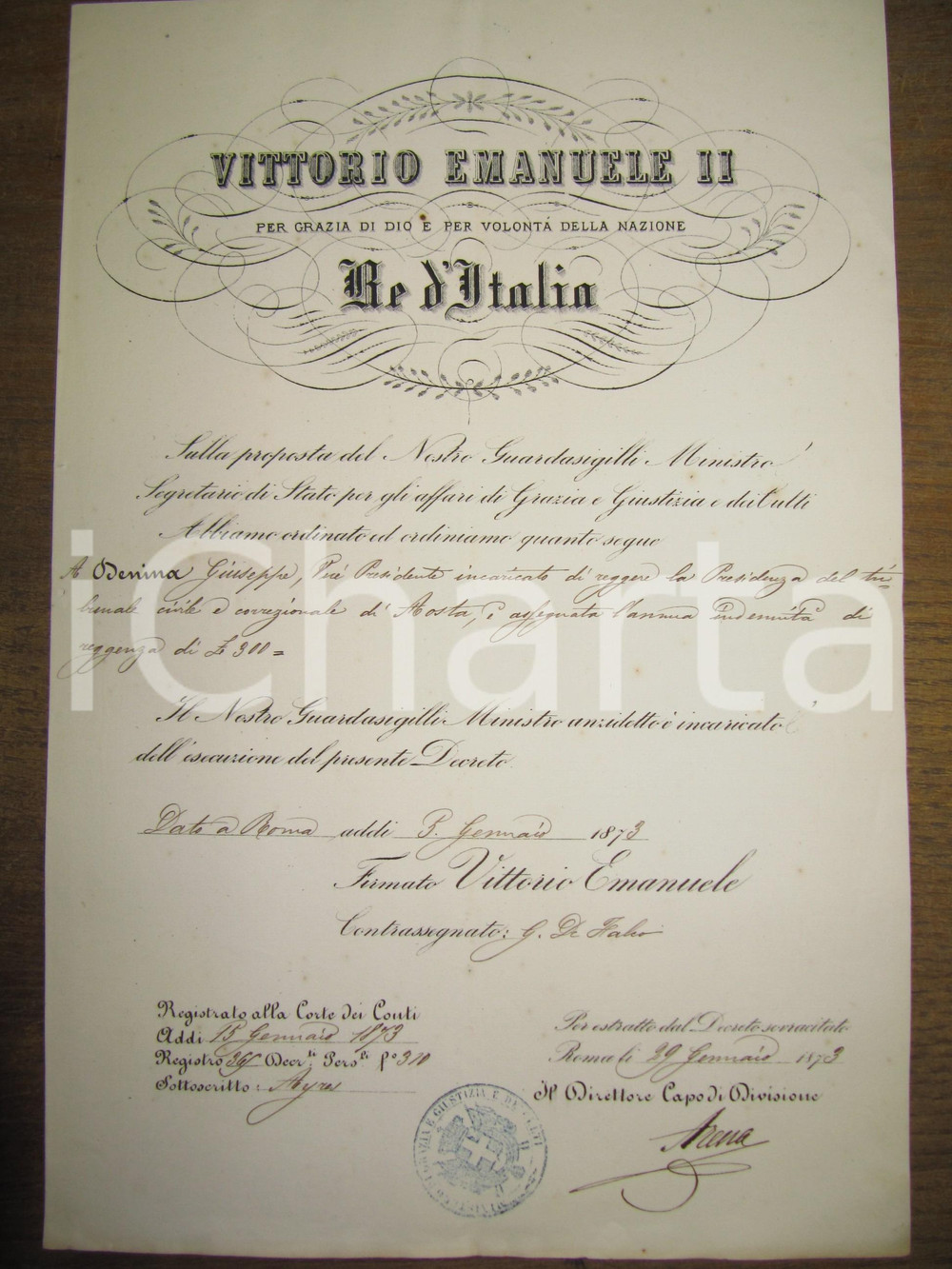 Documento originale, autentico 1873 AOSTA IndennitÃ  di Presidenza per Giuseppe DENINA Tribunale correzionale 1