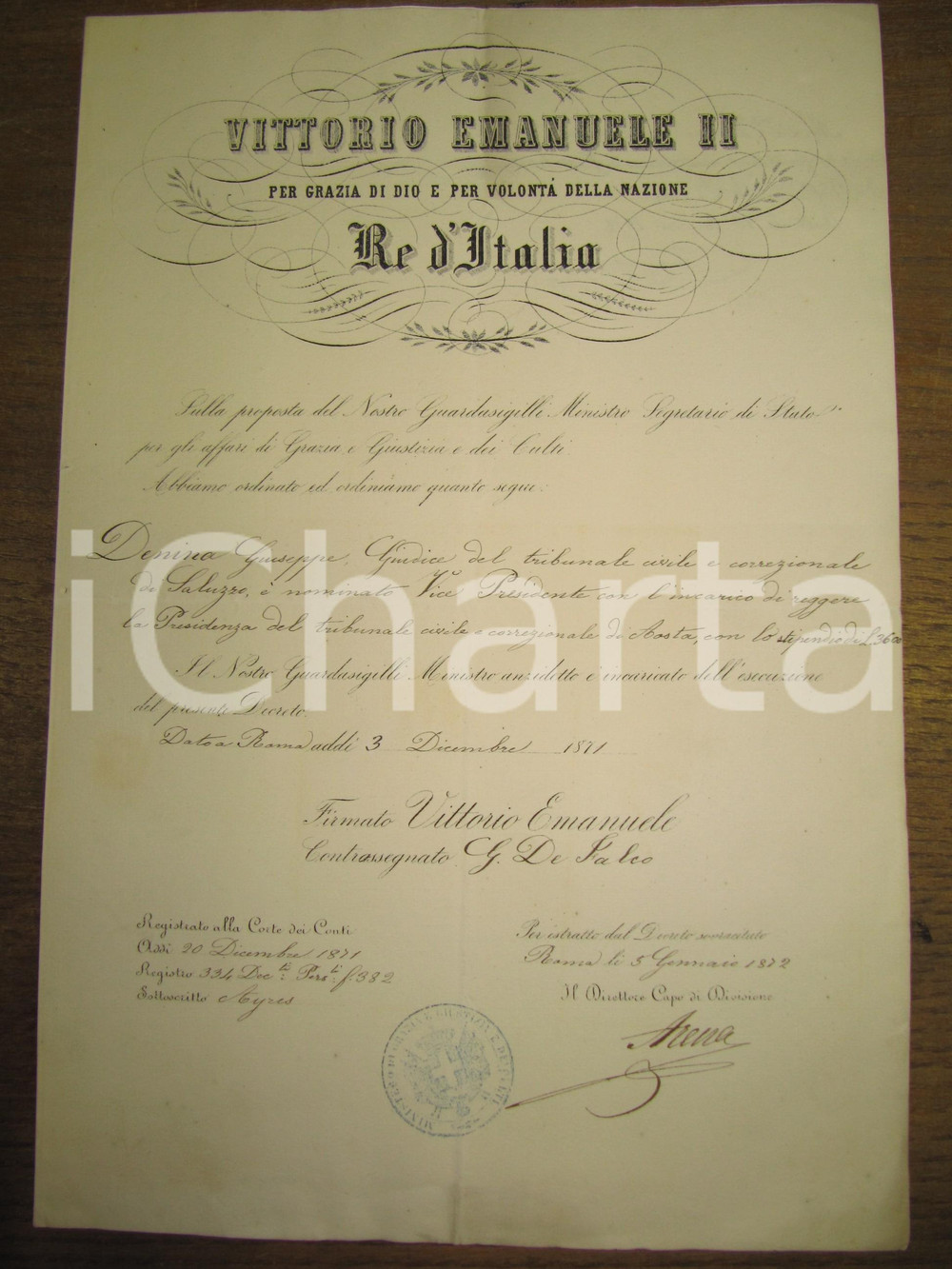 Documento originale, autentico 1871 AOSTA Giuseppe DENINA al Tribunale civile e correzionale *Decreto 1