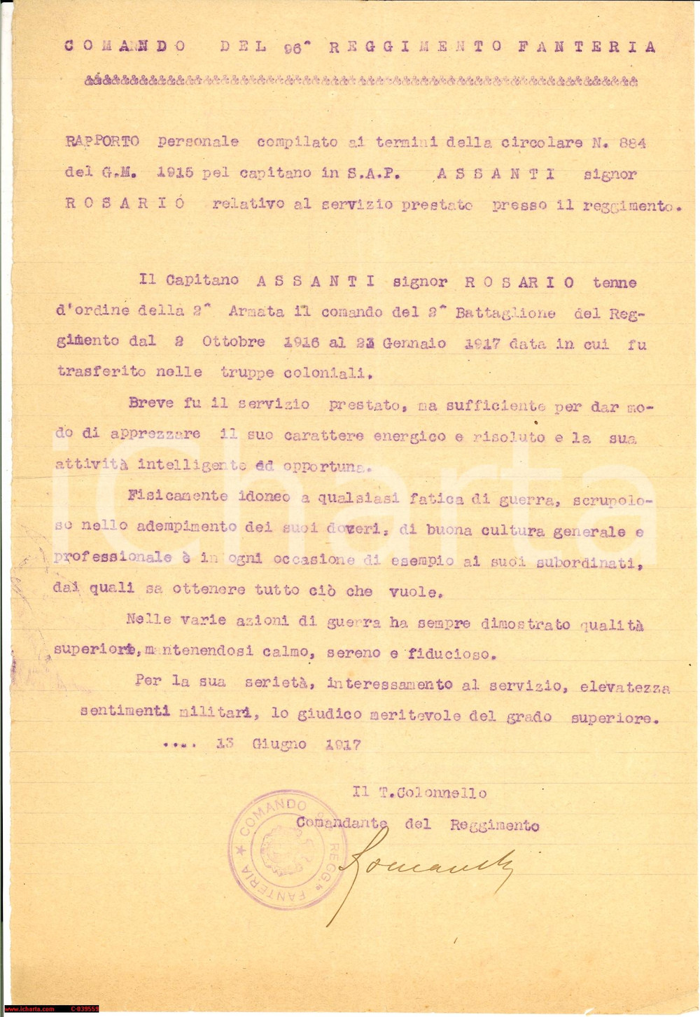 Documento originale, autentico 1917 WW1 -96Â° Reggimento Fanteria prom. ROSARIO ASSANTI 1