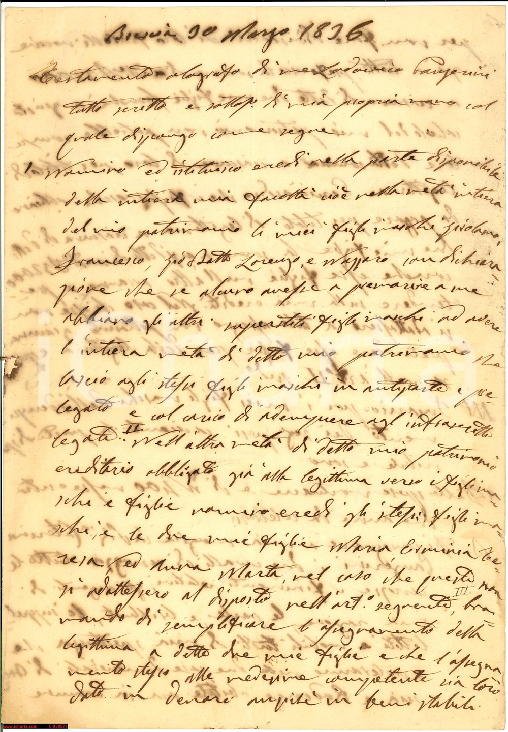Documento originale, autentico 1836 BRESCIA testamento olografo CANGERINI raro 1