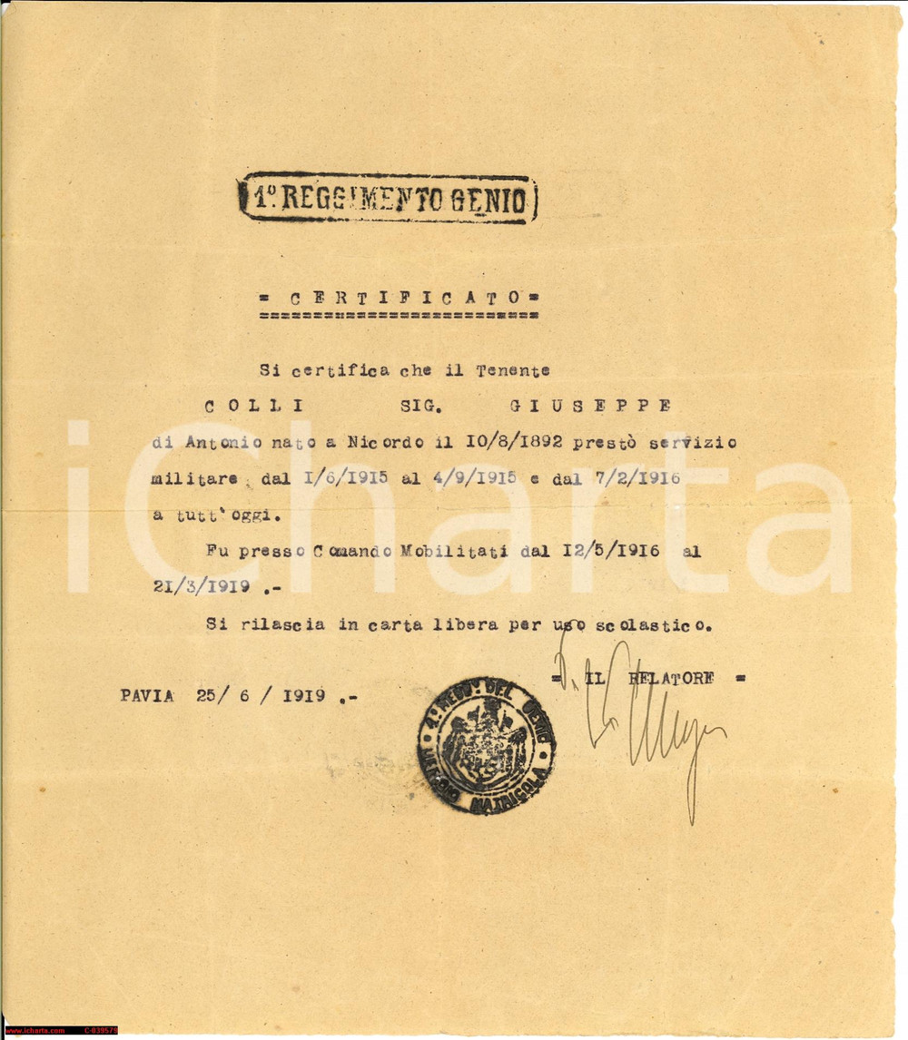 Documento originale, autentico 1919 PAVIA Nicorvo 1Â° Reggimento Genio militare COLLI 1