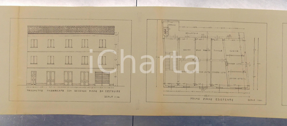 Mappa, planimetria storica 1940 ca CASTEGGIO (PV) Via EMILIA Progetto per innalzamento di un fabbricato 1