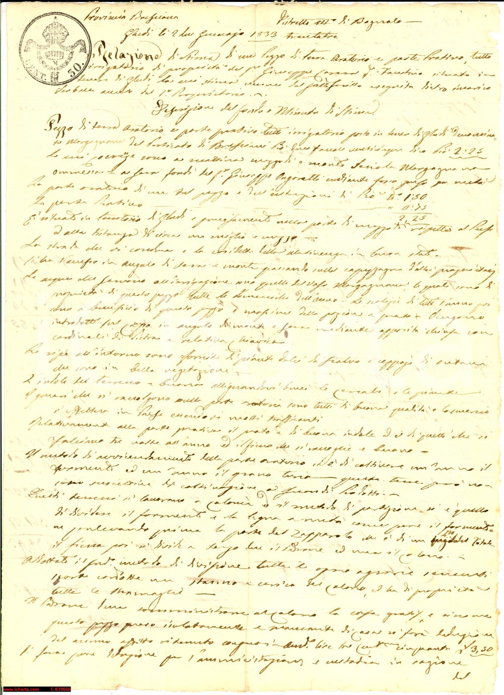 Documento originale, autentico 1833 GHEDI (BS) relazione su terreno 'd'indole buona' 1