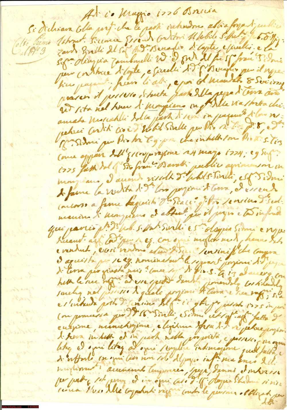 Documento originale, autentico 1776 MOMPIANO (BS) terre BENAGLIO vendute per debiti 1