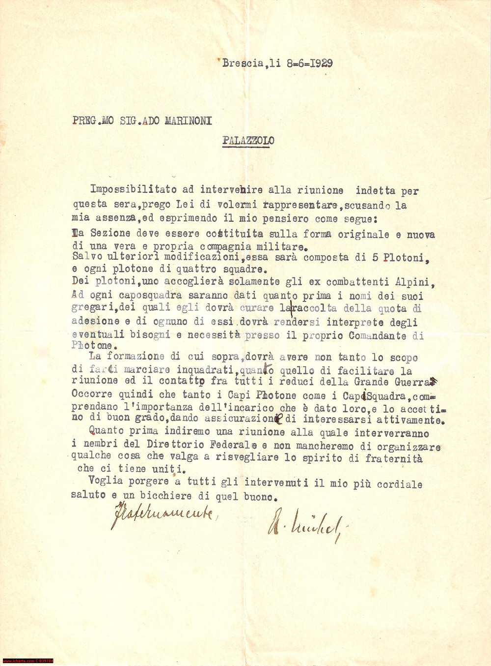 Documento originale, autentico 1929 ANC PALAZZOLO SULL'OGLIO (BS) Reduci Grande Guerra 1