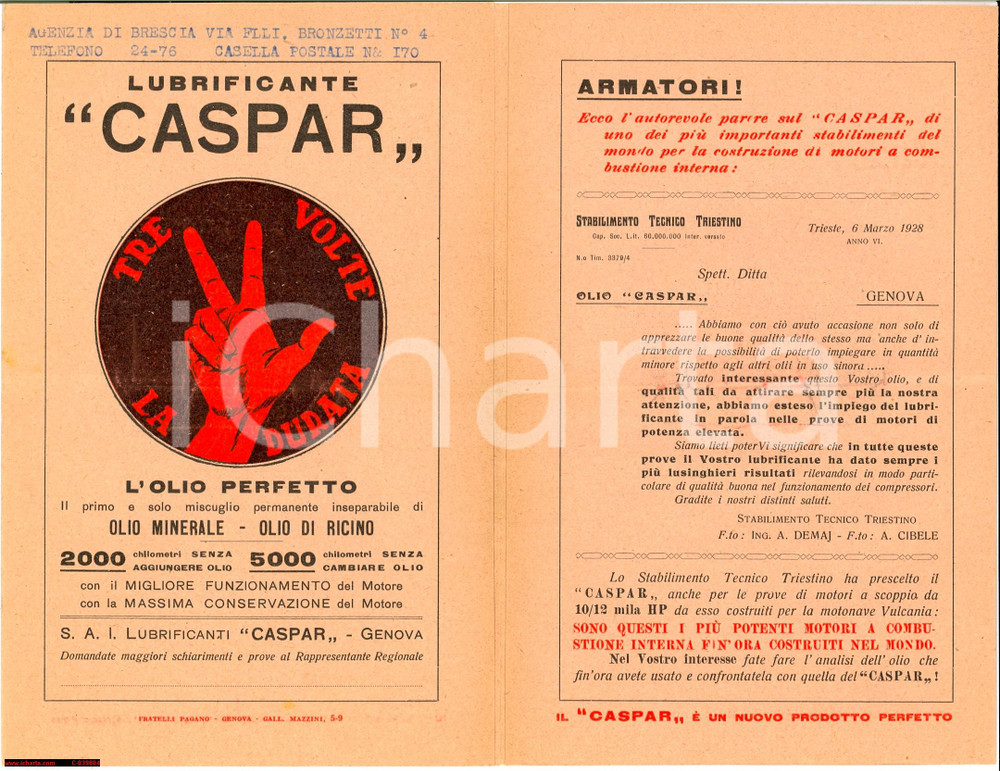 Materiale pubblicitario d’epoca 1930 BRESCIA Olio CASPAR dura tre volte rispetto agli altri oli Volantino 1