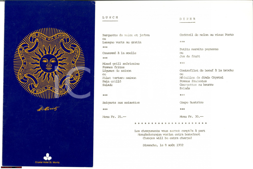 Oggetto da collezione cartaceo 1982 ST. MORITZ (CH) menÃ¹ CRYSTAL Hotel 1