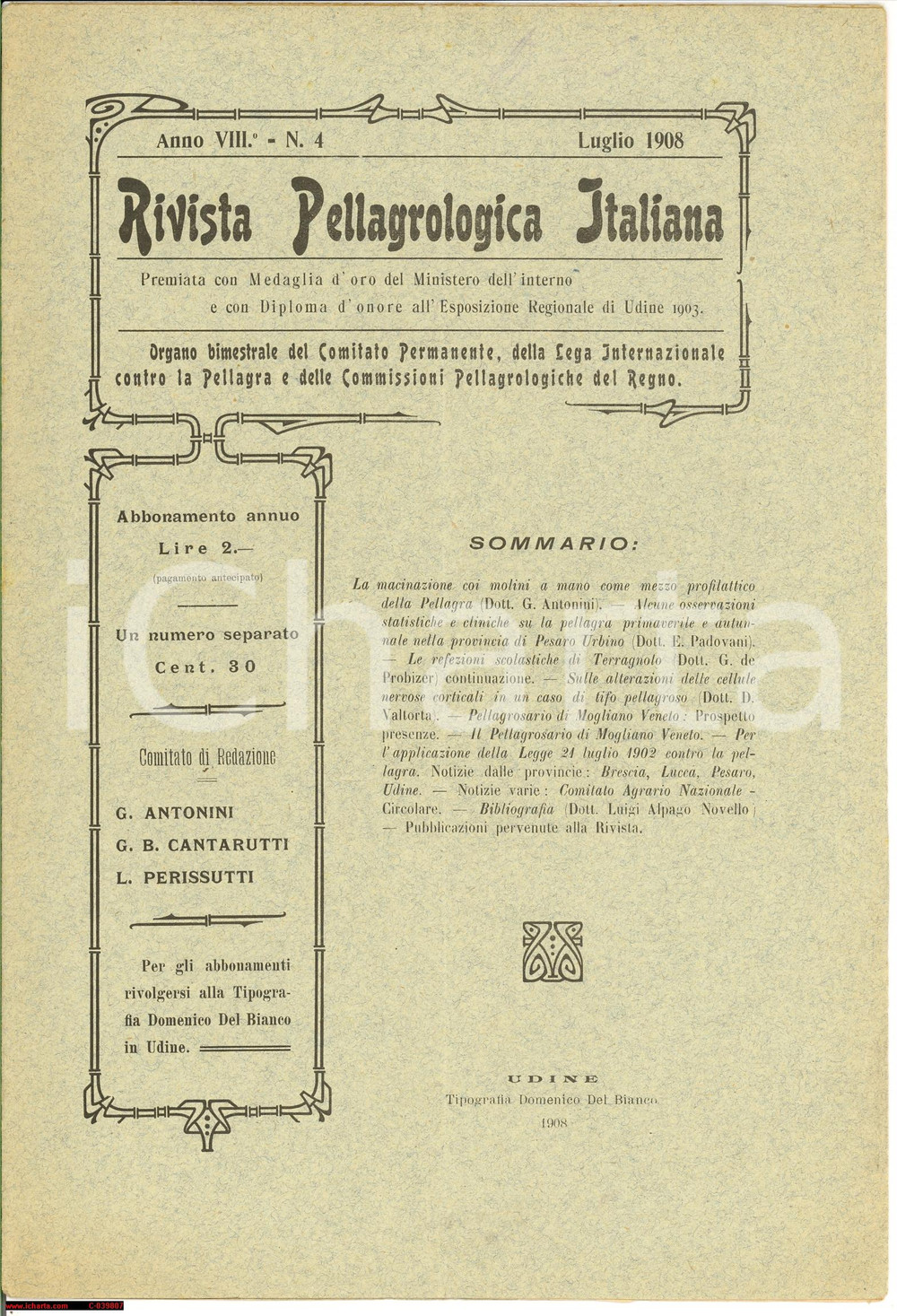 Giornale, rivista storica 1908 UDINE RIVISTA PELLAGROLOGICA ITALIANA  Pellagrosario MOGLIANO n° 4 1