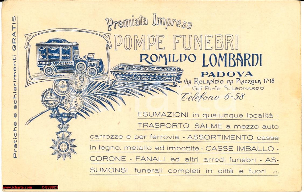 Oggetto da collezione cartaceo 1920 ca PADOVA Pompe funebri Romildo LOMBARDI biglietto 1
