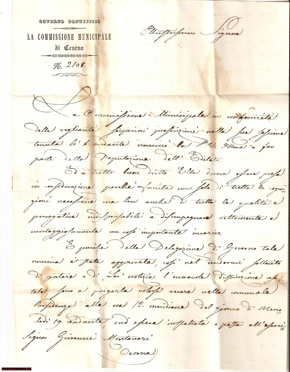 Manoscritto, lettera originale 1849 CESENA Giovanni MONTANARI nomina all'Edilato 1